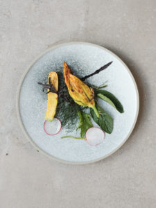 A plate of stuffed courgette flowers made by Thomasina Miers